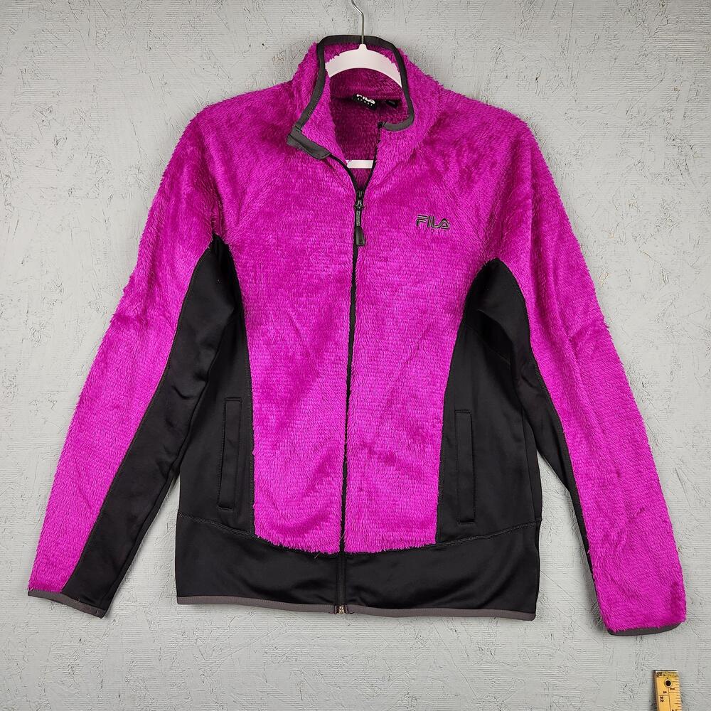 Fila Sport Jacket Womens Medium Pink Black Faux Fur Fleece Full Zip Athletic
